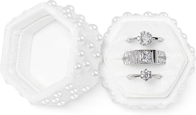 WantGor Velvet Jewelry Ring Box, 3 Slots Hexagon Ring Gift Box Ring Holder | Vintage Ring Display Case for Wedding Ceremony Proposal Engagement (White Pearl, 3 Slots)