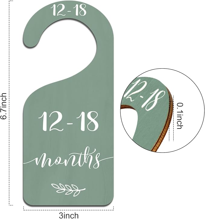 Whaline 7Pcs Green Wooden Baby Closet Size Dividers with Green Velvet Bag Newborn to 24 Month Thicken Infant Wardrobe Hanger Organizers for Home Nursery Supplies