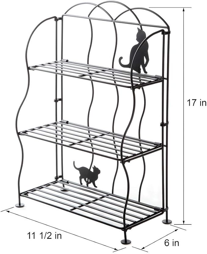 Lily's Home Cat Lovers Black Metal Countertop Wire Shelf Rack, Great for Household Items, Kitchen Organizer, Bathroom Storage and More. Foldable. 3-Tier