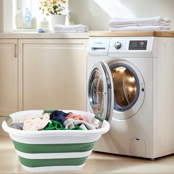 SAMMART 40L (10.5 gallon) Collapsible Plastic Laundry Basket - Foldable Pop Up Storage Container/Organizer - Portable Washing Tub - Space Saving Hamper/Basket (1, White/Dark Sea Green)
