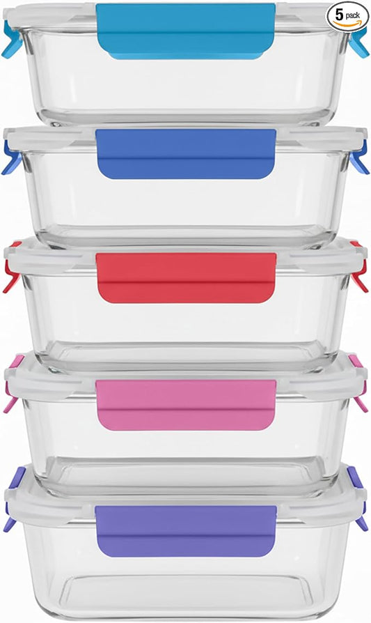 ECOBERI Glass Meal Prep Containers, 5 Piece 4.5 Cup Set, Borosilicate Glass Food Storage with Leak-Resistant Lids, Oven, Microwave, Freezer and Dishwasher Safe