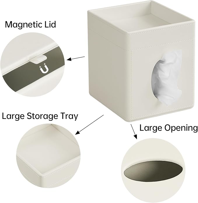 Tissue Box Cover, PU Leather Square Tissue Box Holder with Storage Tray for Bathroom Vanity Countertop Night Stands Bedroom Office Desk, Stylish Tissue Holder Decorative Organizer (Cream)