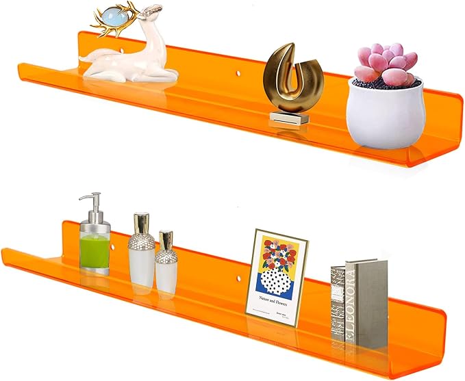ROYALITA 2-Pack Acrylic Shelves Wall Mounted, 24 Inch Floating Shelves | for Small Items Plants Organize Wall Shelves for Gaming Room, Bedroom, Living Room, Office, Orange
