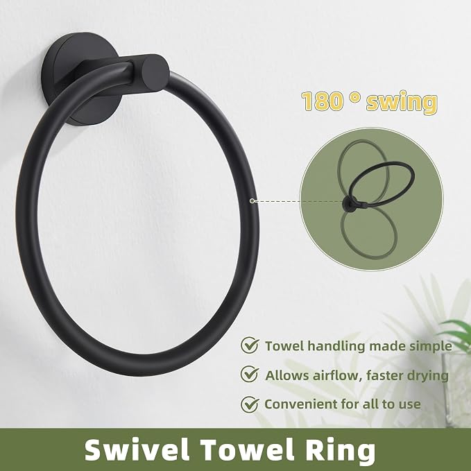 APLusee Round Hand Towel Ring for Bathroom Wall, Solid Stainless Steel Wall Mounted Bathroom Towel Holder, Modern Matte Black