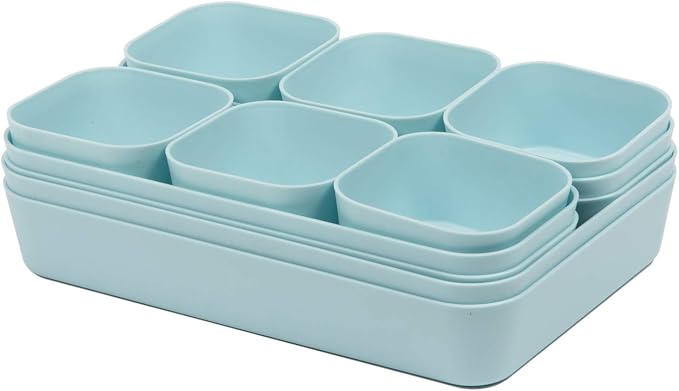 Set Of 12 Blue Color Plastic Desk Drawer Organizers For Makeup Bathroom Office Kitchen Vanity Drawer Storage Box Container