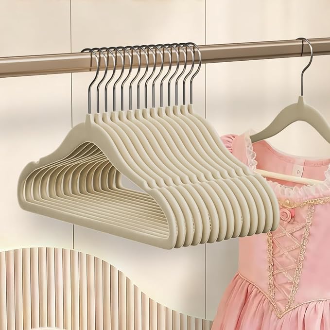 Baby Hangers 11.6 Inch Kids Velvet Non Slip CoatHangers 30 Pack Toddler Hangers Space Saving ClosetOrganizer for Toddler Infant Children Clothing (Beige Velvet)
