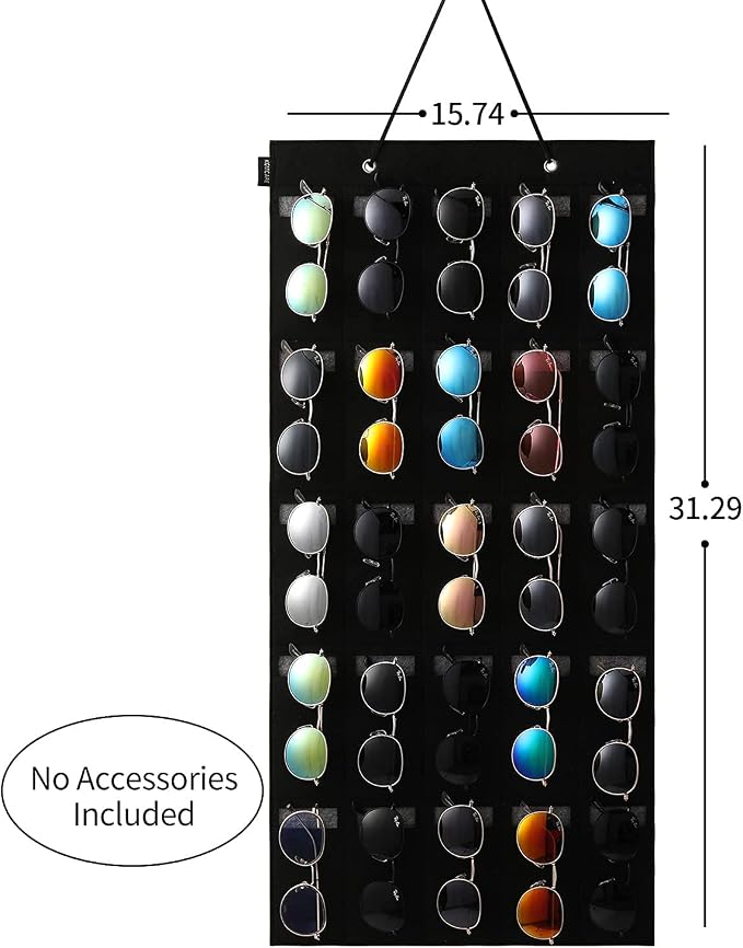 Sunglasses Organizer Storage- Hanging Eyeglasses Wall Pocket Mounted,Eyewear Display,25 Slots (Black, Large)
