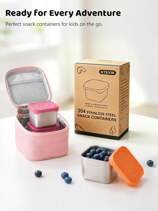 HTEVW 6 Pack Stainless Steel Snack Containers for Kids, 6 oz Toddler Snack Containers with Silicone Lids, Reusable Leak Resistant Food Containers for School Lunch, Daycare, Travel & Portion Control