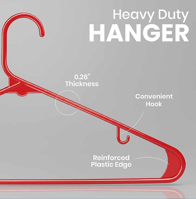 Utopia Home Plastic Hangers 50 Pack – Built-in Strap Hooks Red | Space saving | Durable & strong | Closet organizer | Clothes hangers | Ideal for shirts, pants, skirts & coats