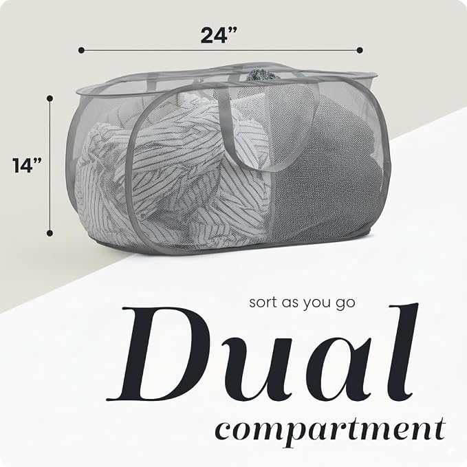 Pop Up Laundry Hamper 2-Compartment, Collapsible Mesh - Handy Laundry | Divided 77L Basket with Handles, Ventilated Breathable Fabric, Foldable Flat for Dorm, Travel, Home, Black, Sorting Bin