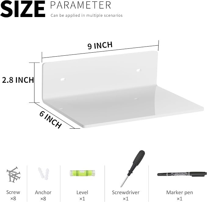 Hexsohoma 9 Inches White Floating Shelves, Acrylic Wall Shelves for Living Room, Bedroom, Bathroom, Kitchen, Office, Brand Store, Retails, Gaming Room, 4 Pack