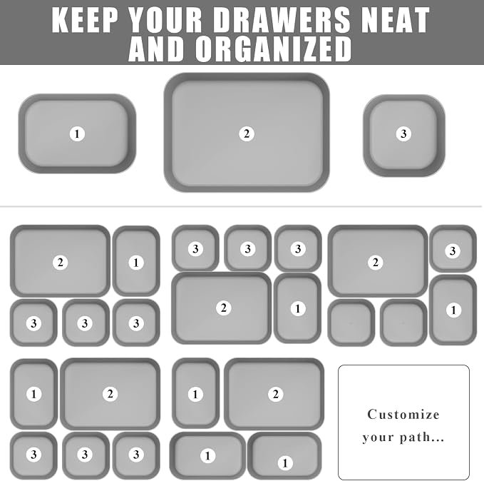Drawer Organizers Bins 10 PCS for Bathroom Makeup Desk Office | with Non-slip Pads, 3 Sizes, Plastic Tray, Vanity Organizer, Kitchen Utensils Organizer