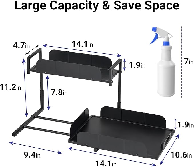 Under Kitchen Sink Organizer, 2 Tier Metal Pull Out, 2 Pack | Sliding Drawer, Heavy Duty, Bathroom Organizers and Storage Shelf, For Home, Laundry, Office
