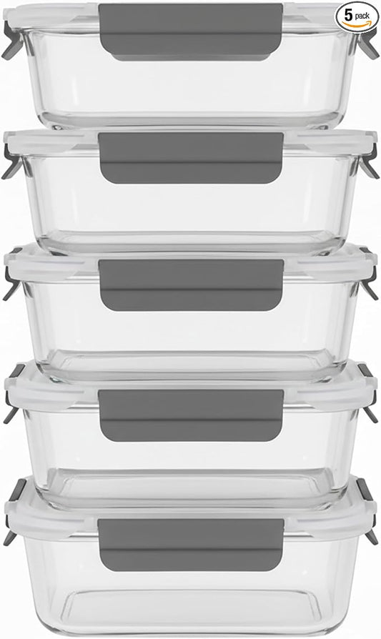 ECOBERI Glass Meal Prep Containers, 5 Piece 4.5 Cup Set, Borosilicate Glass Food Storage with Leak-Resistant Lids, Oven, Microwave, Freezer and Dishwasher Safe