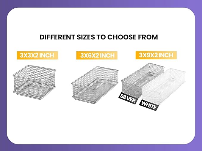 YBM HOME Silver Mesh Drawer Cabinet and or Shelf Organizer Bins, School Supply Holder Office Desktop Organizer Basket (12, 6x12x2 Inch)