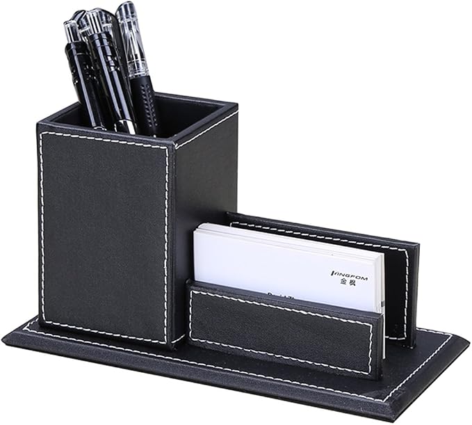 KINGFOM PU Leather Desk Organizer and Accessories, Pencil Holder for Desk with Business Cards Stand, School Office Supplies Collection Caddy Black