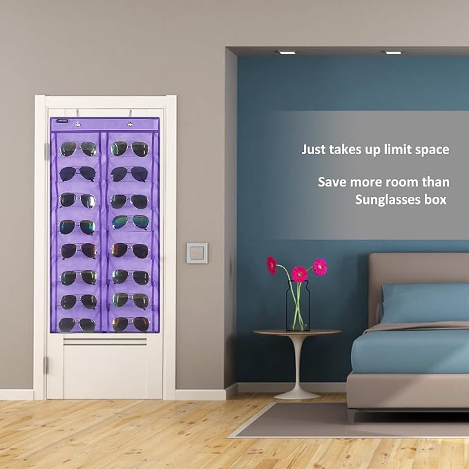 Over the Door Hanging Sunglasses Organizer Storage Sunglass Rack Holder Eyewear Display Case with 16 Clear Dust Proof Pockets (16 Pockets-Purple)