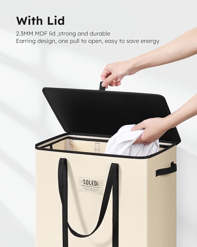 SOLEDI Slim Laundry Hamper with Lid,Collapsible Narrow Laundry Basket with Handles,Tall Skinny Dirty Clothes Hamper for Laundry Room,Dorm,Bathroom,Bedroom,and Small Spaces, 53L Beige