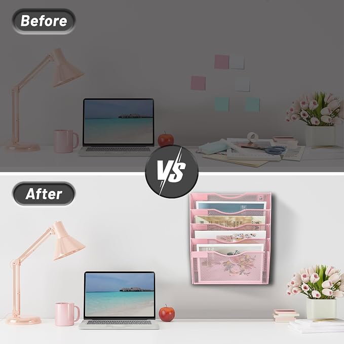 EASEPRES 5 Pocket Mesh Hanging Wall File Organizer, Wall Mounted Mail Paper Document Folder Holder, Clipboard Storage Organization Magazine Rack with Nametag Label for Office Home School, Pink