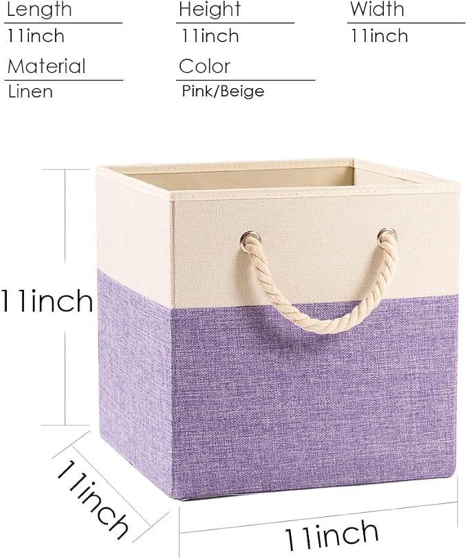 PRANDOM Large Foldable Cube Storage Bins 11x11 inch [4-Pack] Fabric Linen Storage Baskets Cubes Drawer with Cotton Handles Organizer for Shelves Closet Bedroom Purple