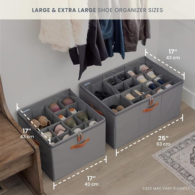 OrganiHaus Large Shoe Storage Bin for Closet, Shoe Organizer Box Fits up to 16 Pairs, Collapsible Fabric Shoe Basket w/Clear Cover, Adjustable Dividers & Reinforced Handles, Grey