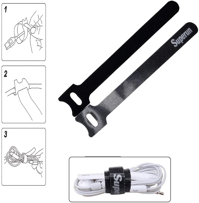 Superun 50 Pcs Black 10 Inch Fastening Cable Ties Reusable Cord Organizer, Adjustable Hook and Loop Wire Wrap Cable Management