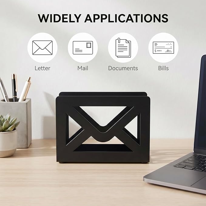 MyGift Black Metal Desktop Mail Holder with Cutout Envelope Design Home and Office Desk Letter Organizer