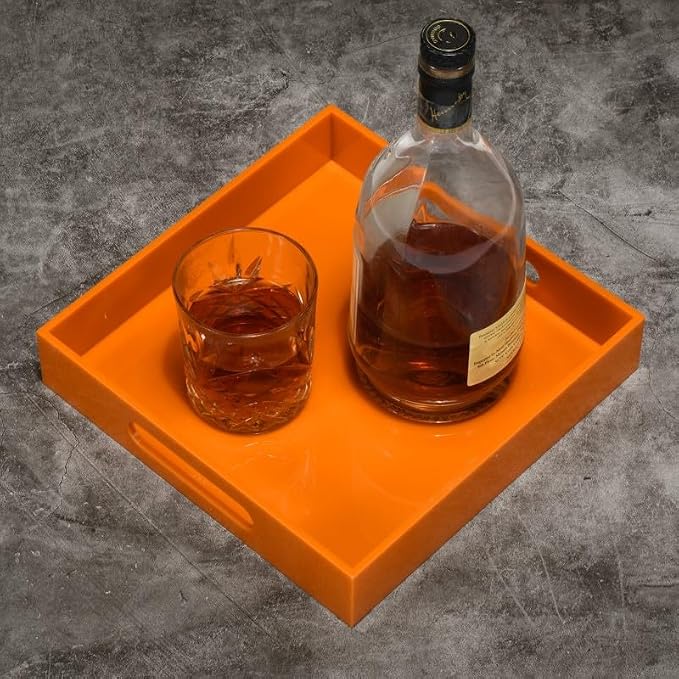 KEVLANG Orange Sturdy Acrylic Serving Tray with Handles-10x10Inch-Serving Coffee,Food,Breakfast,Butler-Kitchen Countertop Tray-Makeup Drawer Organizer-Vanity Table,Ottoman Tray-Decorative Tray