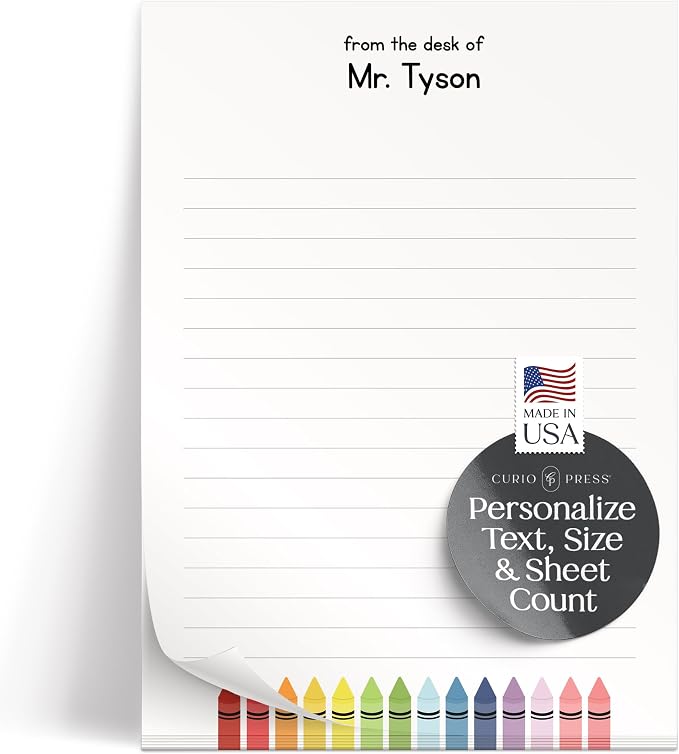 Curio Press Personalized Notepad 50 or 100 Sheets, Custom Stationery Note Pad 3 Sizes - Custom Crayons End-of-Year Teacher Gifts Appreciation Note with Name Teacher Stationery Gifts - Crayons Pad