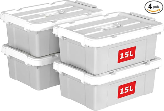 Cetomo Lidded Storage Bin with Handle, Tote Organizing Container with Durable Lid and Secure Latching Buckles, Stackable and Nestable, Plastic, 16 Quart-4 Pack, Gray