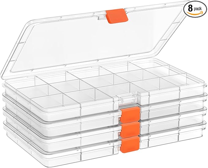 Moon Magpie 8PACK Extra Thick Bead Organizers, 15 Grid Mini Clear Plastic Storage Box Craft Containers for Nail jewelry rhinestones DIY Supply Case