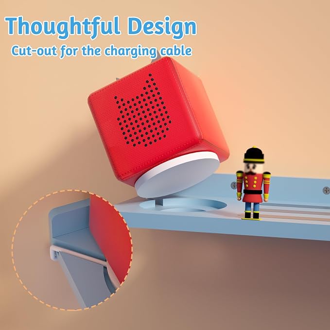 for Tonies Shelf Magnetic - 1 Tier Wooden Tonies Figure Organizer, Blue | Tonies Box Holder, Magnetic Display Shelf for Kids Room, Wall Floating Shelves Toy Storage Compatible Charging Station
