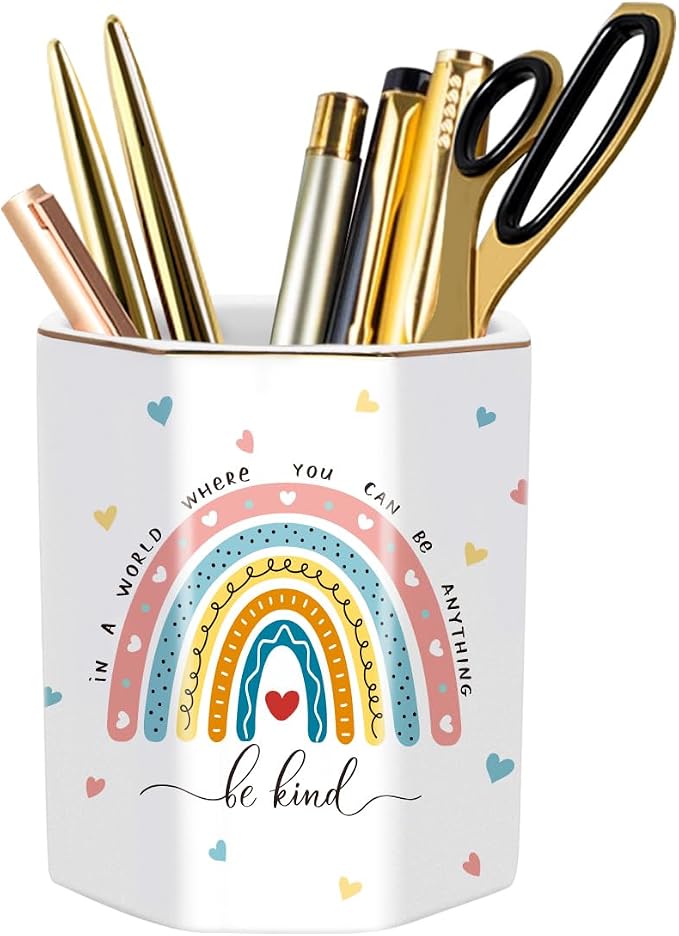 Pen Holder for Desk, Cute Ceramic Pencil Holder, Pen Cup Marker Holder Makeup Brush Holders, Desk Accessories & Workspace Organizers for Office, Home, Rainbow Pattern