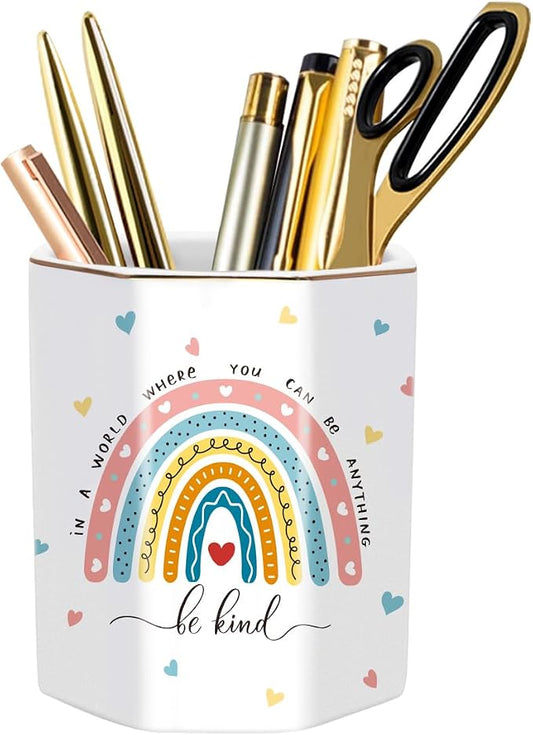Pen Holder for Desk, Cute Ceramic Pencil Holder, Pen Cup Marker Holder Makeup Brush Holders, Desk Accessories & Workspace Organizers for Office, Home, Rainbow Pattern