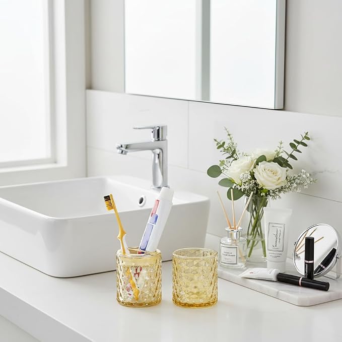 2pcs Amber Glass Toothbrush Holder, Bathroom Tumbler Cup and Toothpaste Holder Set, Gold Toothbrush Holders with Divider, Bathroom Tooth Brush Cup Organizer for Brushes,Toothpaste and Razor