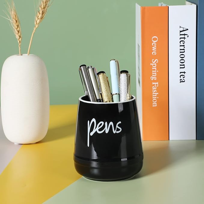LEETOYI Ceramic Farmhouse Pen Holder for Desk, Pencil Organizer 16oz (Black)