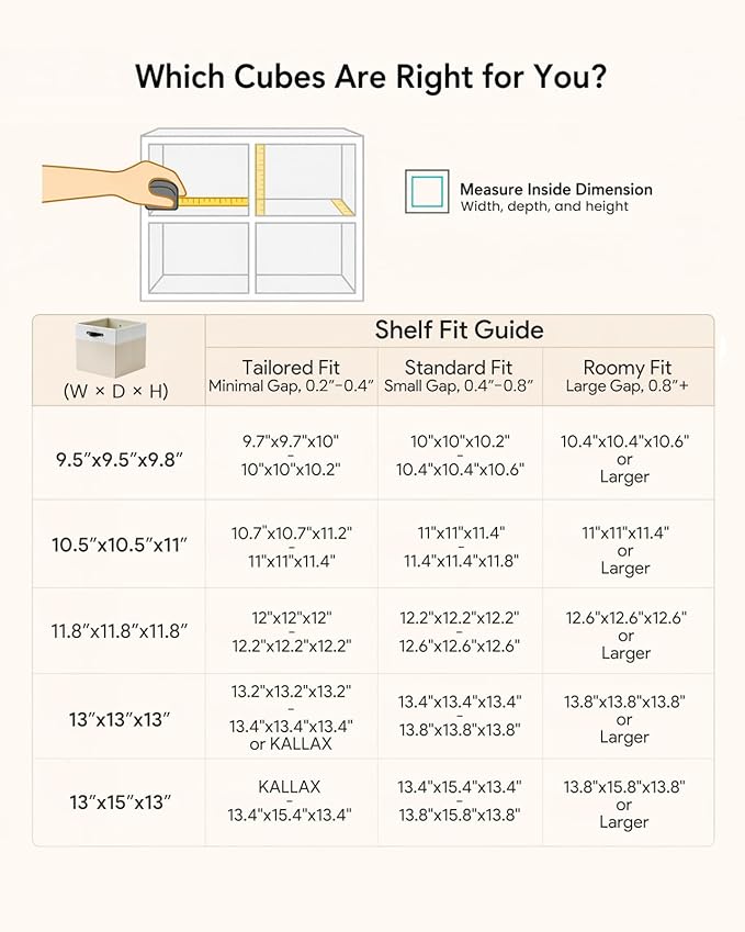 Cube Storage Bins | 13"x13"x13", Beige & White, 6 Pack | Multi-Size | 2X Thick Support Board | Vegan Leather Handles | 7.7 oz/yd² Fabric | 13"x13" Drawer Insert Basket