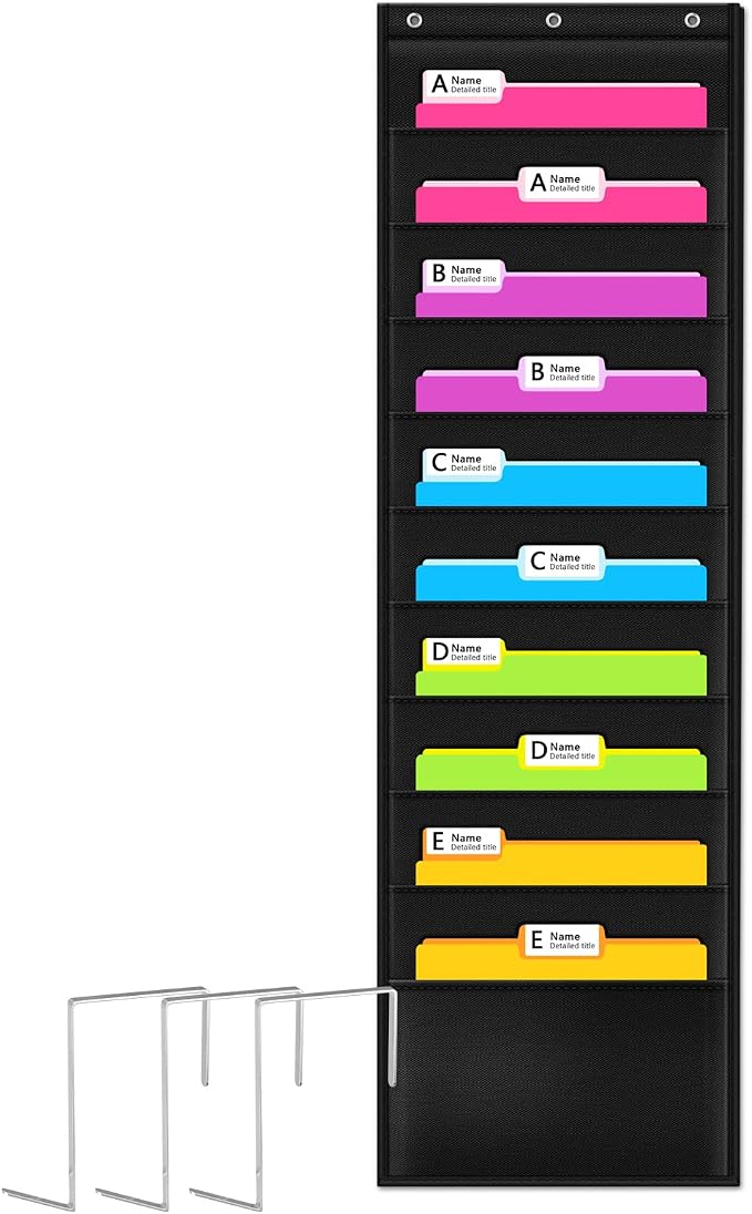 Premium Hanging File Folder Organizer, 10 Pockets, & 3 Hangers Cascading Wall Organizer，Perfect for Home Organization, School Pocket Chart, Office Bill Filing. Wall or Over Door Mount