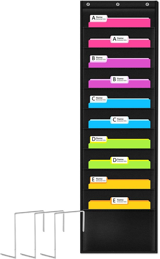 Premium Hanging File Folder Organizer, 10 Pockets, & 3 Hangers Cascading Wall Organizer，Perfect for Home Organization, School Pocket Chart, Office Bill Filing. Wall or Over Door Mount