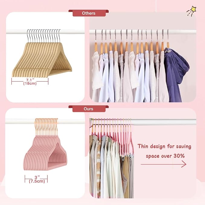 Stormix Baby Velvet Hangers, 16 Pack Children's Clothes Hangers Non-Slip Kids Hangers for Infant/Toddler Pink (Gold Hook)