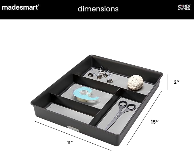 madesmart 4 Compartment Drawer Organizer, Multi Purpose Storage for Utensils, Office Tools, Cords, & Small Household Items, Tech Accessories, Arts & Crafts Supplies, Non Slip Lining, Granite