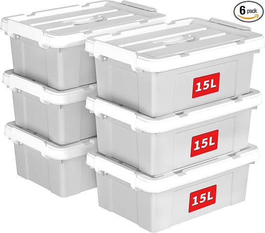 Cetomo Lidded Storage Bin with Handle, Tote Organizing Container with Durable Lid and Secure Latching Buckles, Stackable and Nestable, Plastic, 16 Quart-6 Pack, Gray