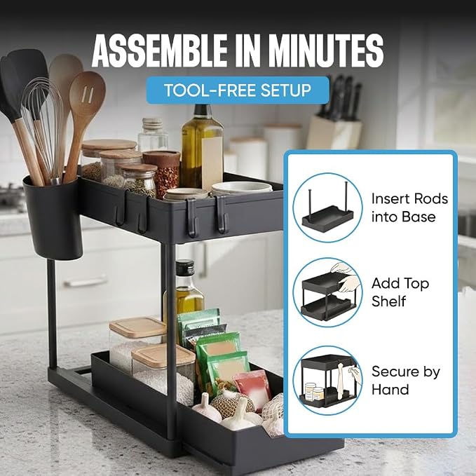 Undersink Organizer, 2-Tier Under Sink Storage Rack with Sliding Drawers for Kitchen Bathroom Cabinets, Pull Out Organizer for Pantry, Laundry Room & Closet Organization - 2 Pack, Black