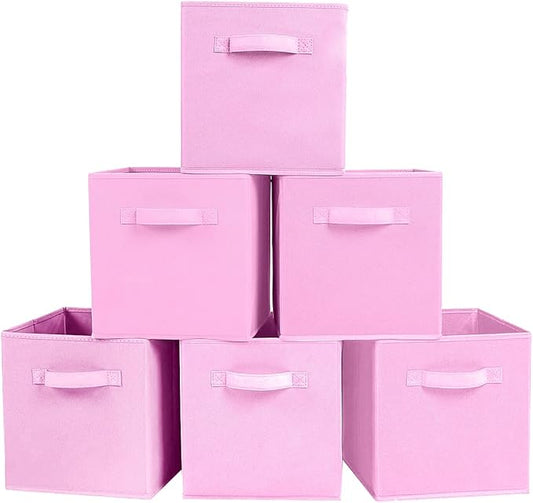 PowerKing Collapsible Storage Cubes with Handles, Fabric Foldable Bins for Closet Shelves, Durable Organization Storage Bins, 10.5'' x 11'' x 10.5'', 6 Pack, Pink