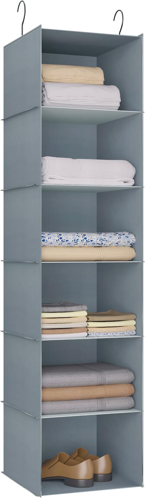 Hanging Closet Organizer 6-Shelf, Oxford Fabric Wardrobe Storage, Gray | Easy-mount foldable design holds clothes, handbags, shoes & accessories; washable Oxford fabric, sturdy and space-saving.