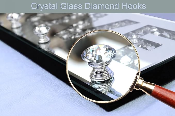 Crushed Diamond Mirrored LOVE Letter Plaque Sign - 15" Silver Mirror Key Holder with 4 Crystal Acrylic Hooks, Wall Mounted Key Hanger for Bedroom, Nursery, Hallway - Glam Art Deco Romantic Wall Decor