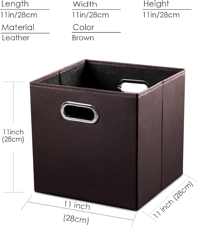 PRANDOM Leather Foldable Cube Storage Bins 11x11 inch [4-Pack] Fabric Storage Baskets Cubes Drawer with Cotton Handles Organizer for Shelves Nursery Closet Bedroom Clothes Brown