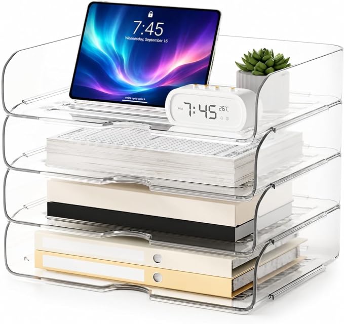 4-Tier Large-Capacity Paper Organizer, Clear Stackable Desk Organizer & Acrylic Paper Tray, Transparent & Easy Access,Desk File Organizer for Home Office & School