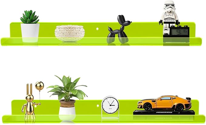 ROYALITA 2-Pack Acrylic Shelves Wall Mounted, 24 Inch Floating Shelves | for Small Items Plants Organize Wall Shelves for Gaming Room, Bedroom, Living Room, Office, Green