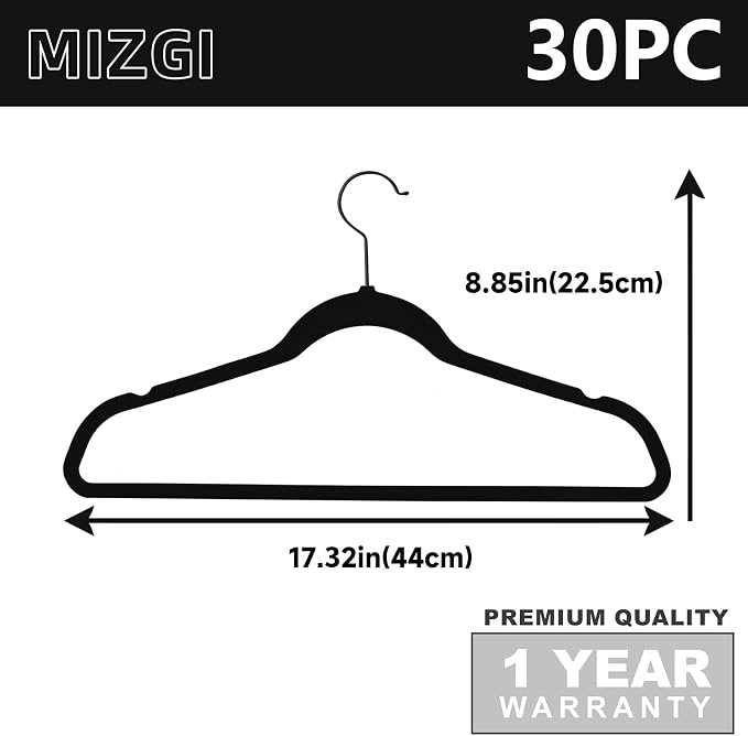 MIZGI Premium Velvet Hangers with Black Hooks (30 Pack) - Heavy Duty, Non Slip Felt, 360 Degree Swivel, Space Saving, Durable for Suits & Coats